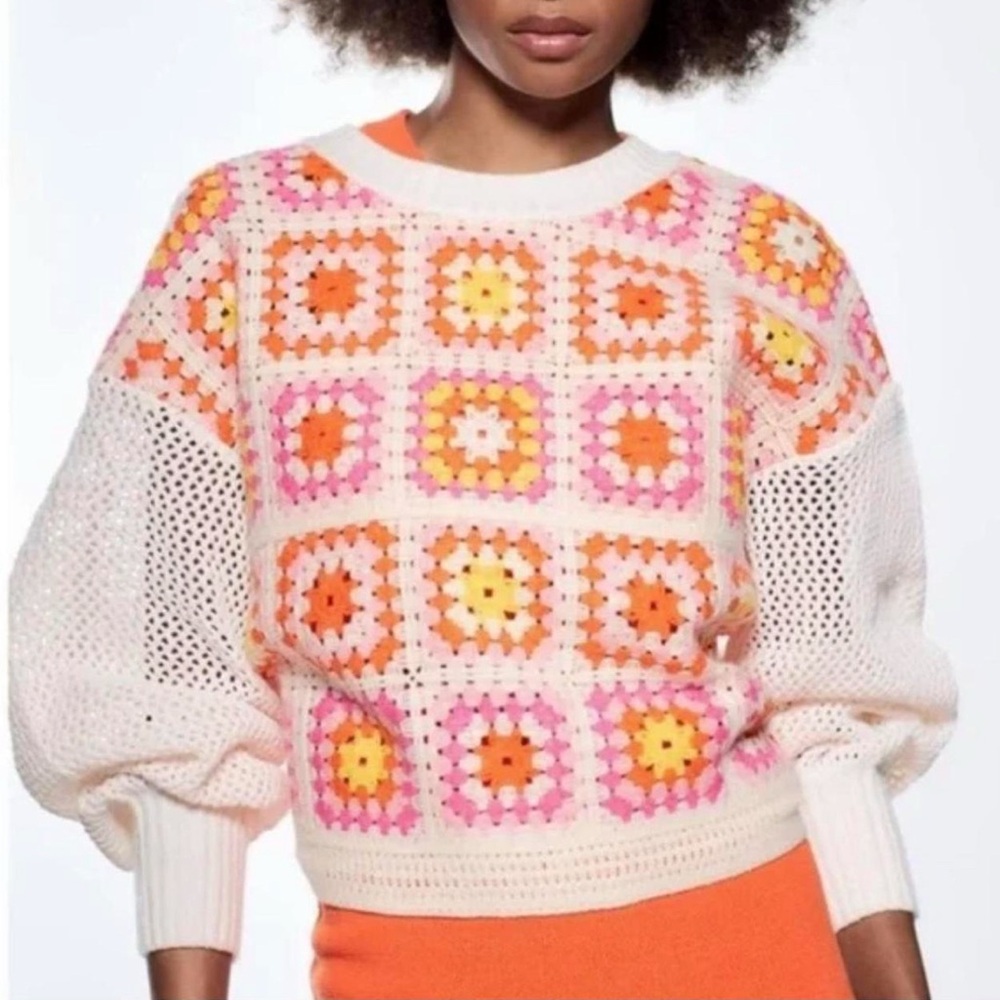 Zara Sweater | Zara Chenille Crocheted Pink and Orange